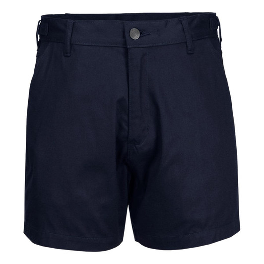 Lightweight cotton drill work shorts in dark navy, featuring a front button and waist adjusters. Includes a logo.