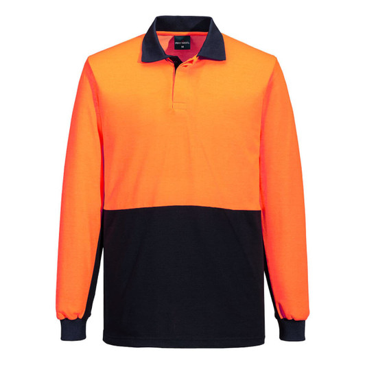 A long-sleeve polo shirt in fluorescent orange and navy, featuring a collar and a branding logo.