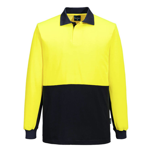 A long-sleeve polo shirt featuring high-visibility yellow and navy colours, with a logo on the label.