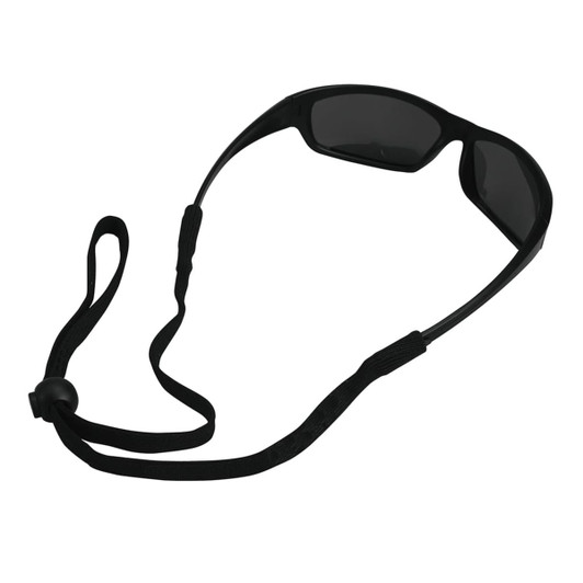 A black spectacles cord with an adjustable loop, designed to secure sunglasses or glasses.