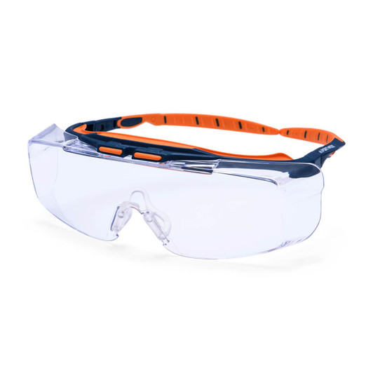 Peak OTG safety glasses with a clear lens and a black and orange adjustable strap. Features a logo on the frame.