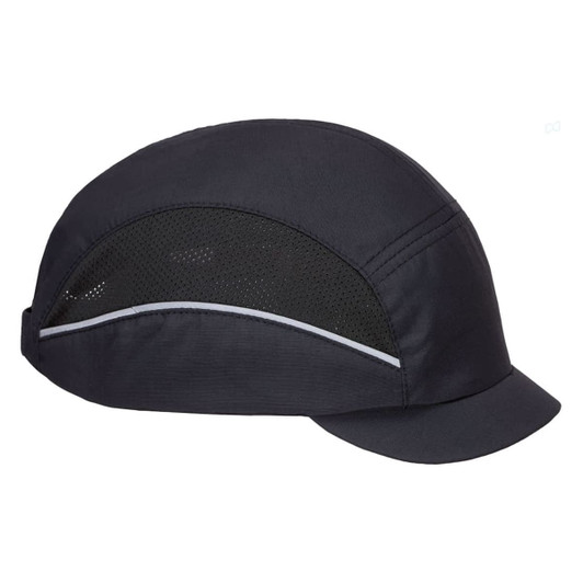 A black bump cap with a micro peak and mesh panels for ventilation, featuring a logo.