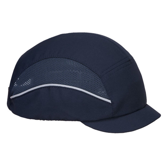 A navy blue bump cap with a micro peak and mesh panels for ventilation, featuring a logo on the side.