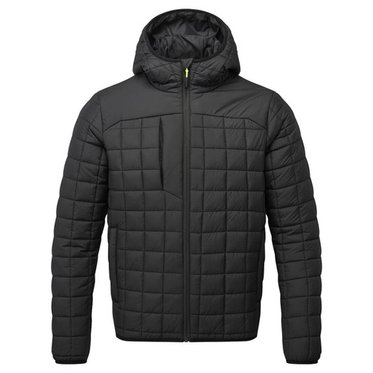 A black square baffle jacket featuring a hood and zip closure, with a quilted design and multiple pockets.