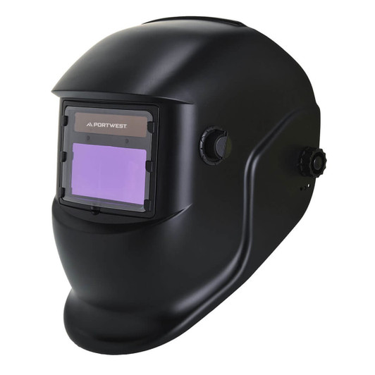 A black welding helmet with an adjustable visor and a logo on the side.