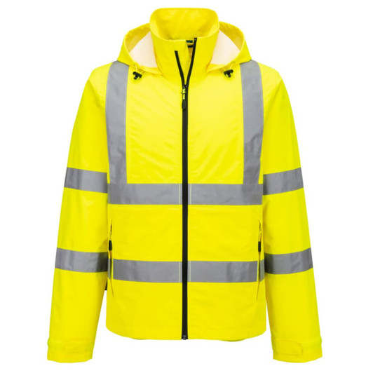 A lightweight packable jacket in vibrant yellow with reflective grey stripes and a hood. It features a zipper closure.