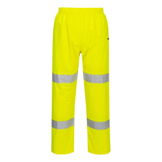 Hi-Vis lightweight packable trousers in bright yellow with silver reflective stripes. Features an elastic waistband and has a logo.