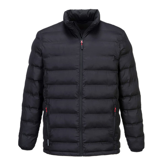 A black puffer jacket with a zip front and side pockets, featuring a high collar and a logo on the hem.