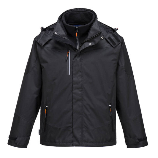A black Radial 3-in-1 jacket featuring multiple pockets and a hood. It includes a branding logo.