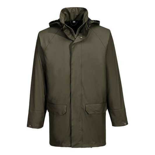A khaki waterproof jacket with a hood, featuring snap buttons and pockets, along with a logo.