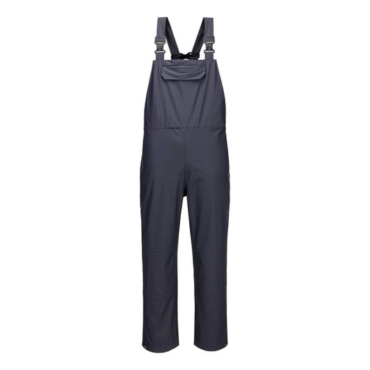 A navy blue pair of waterproof bib and brace overalls with adjustable straps and a chest pocket.