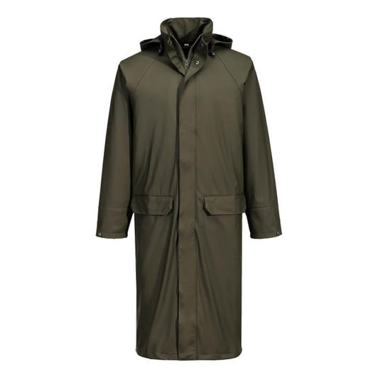 A long coat in olive green with a hood, featuring two front pockets and a buttoned closure. It has a logo on the chest.