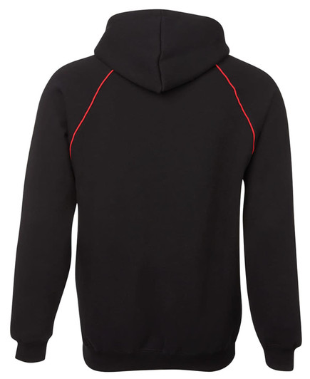 A black hoodie featuring contrasting red stitching and a hood. It has a logo on the back.