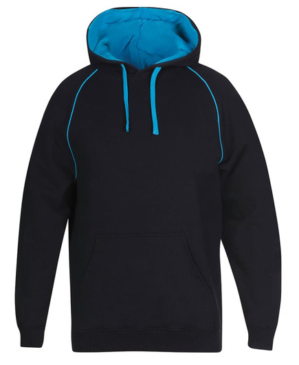 A black hoodie with a contrast blue interior and stitching, featuring a front pocket and a hood.