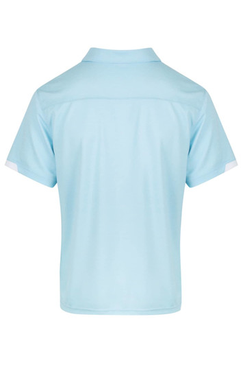 A light blue polo shirt with a collar and short sleeves, featuring a logo on the back.