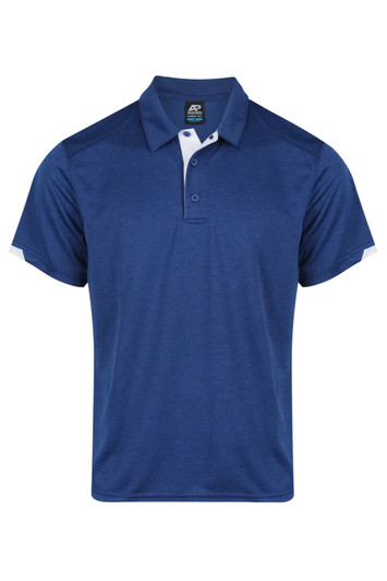 A blue polo shirt with contrasting white details on the sleeves and a logo on the collar.
