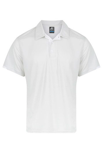 A white polo shirt with a collar and short sleeves, featuring a logo.