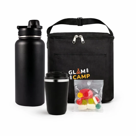 A drink bottle, black travel mug, and a cooler bag with assorted gummies in a clear pouch, featuring a logo.