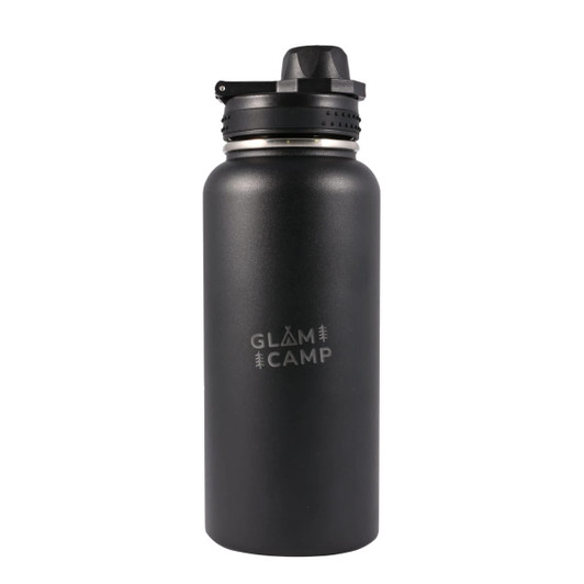 A drink bottle in matte black with a screw top and a small logo on the side.