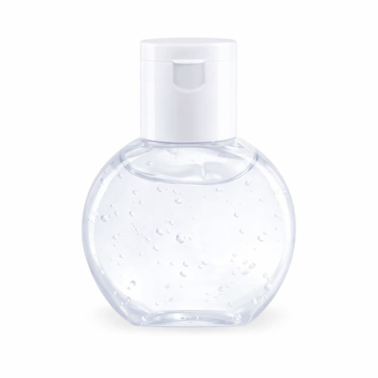 A clear, round bottle of gel hand sanitiser with a white pump top. The gel contains small bubbles.