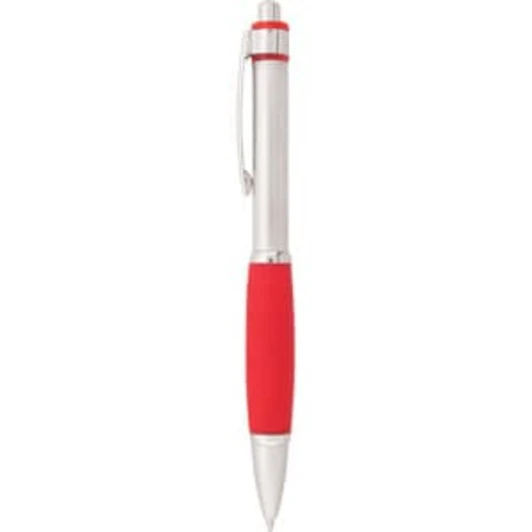 A metal pen with a silver body and a red rubber grip, featuring a clip and a branding logo.