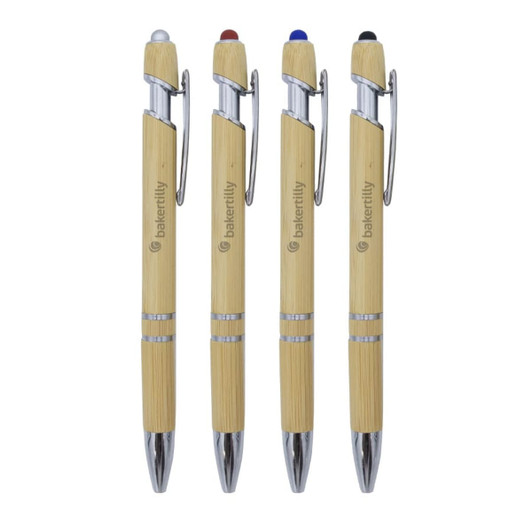 A set of four Napoli Bamboo Pens in natural bamboo with black, blue, red, and green ink options. Each pen features a silver clip and branding.