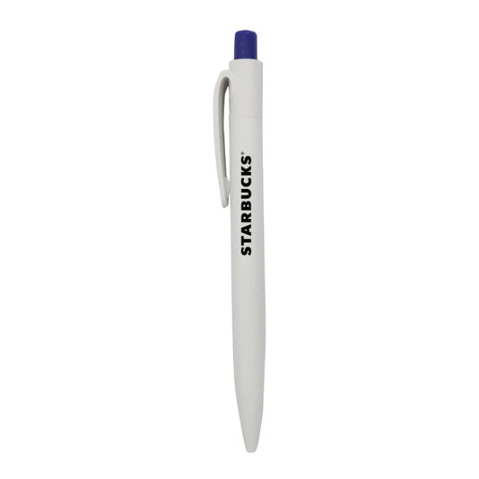 A white plastic pen with a purple cap and a logo, featuring a simple design and a clip for easy attachment.