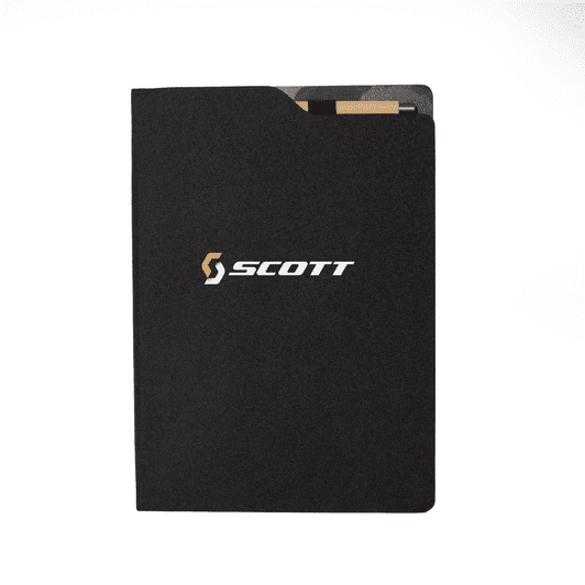 A black A4 notebook with a logo, featuring a sleek cover and a side pocket for cards.