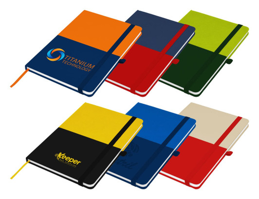 A set of Designa Symphony A5 Notebooks in various colours, featuring elastic bands and logos on the covers.