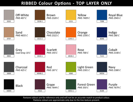 A colour chart displaying ribbed options for a product, featuring various shades like Off-White, Brown, Royal Blue, and more.