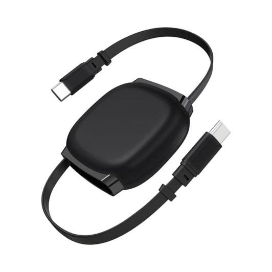 A black retractable charging data cable with USB-C connectors, featuring a compact design and a branding logo.