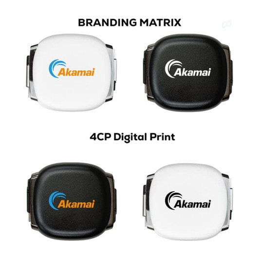 A set of promotional retractable charging data cables in white and black, featuring branding on each side.