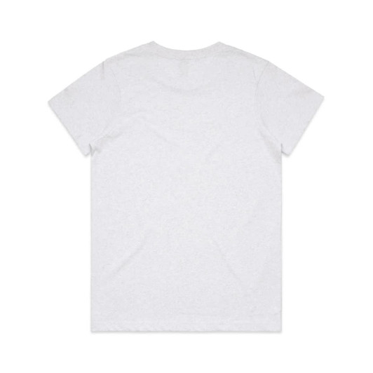 A plain white T-shirt featuring a simple design and a logo on the back.