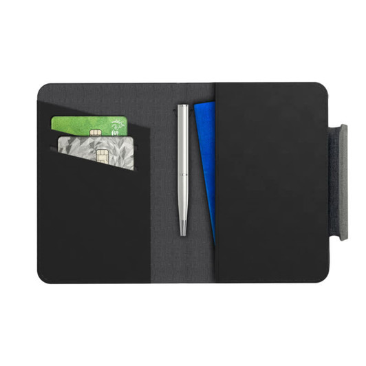 A black passport holder containing credit cards, a silver pen, and a blue document. It features a logo on the exterior.