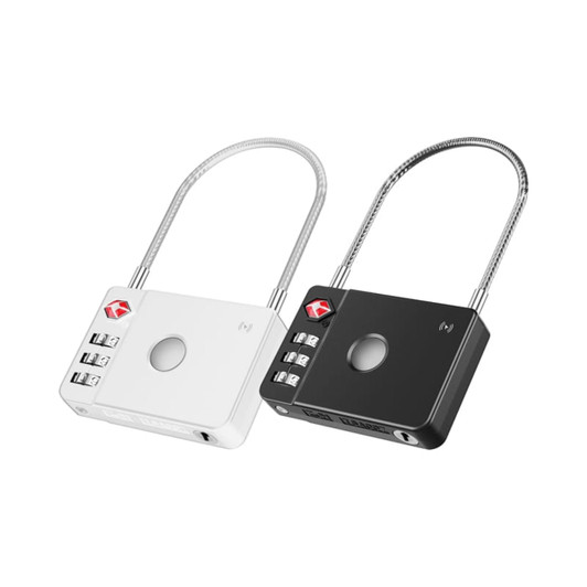 A white and black MiLock Duo Tag Luggage Lock with a flexible metal shackle and numeric combination dials.