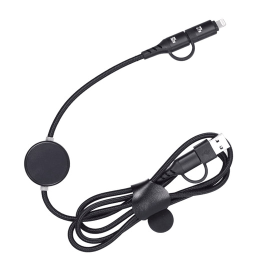 A black fast charging data cable with a round magnetic connector and a USB end, featuring a logo.