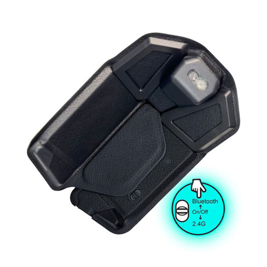 A black foldable wireless mouse with a sleek design and Bluetooth capability, featuring an illuminated section.