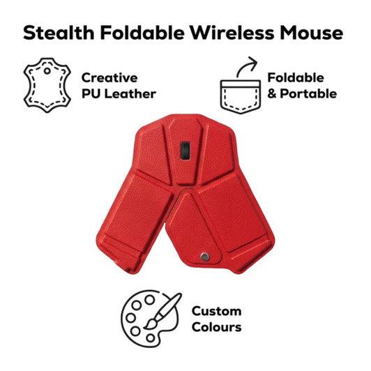 A red foldable wireless mouse made from PU leather, featuring a logo and a design that promotes portability.
