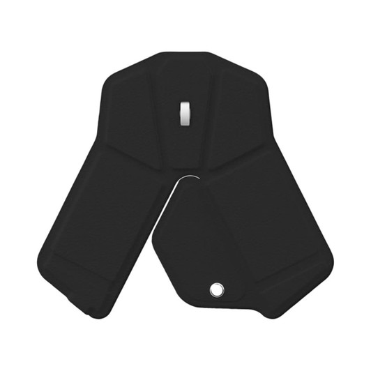 A foldable wireless mouse in black, featuring a compact design and a circular hole for easy attachment.