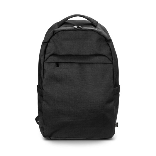 A black recycled backpack with a front pocket and side compartments, featuring a logo.