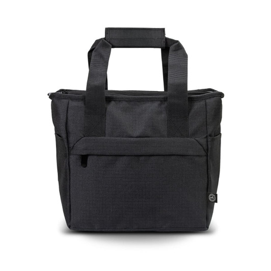 A black cooler bag with sturdy handles and a front pocket, featuring a logo on the side.