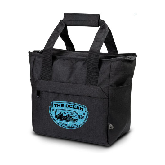 A black cooler bag with sturdy handles and a blue logo on the front, featuring a circular design.