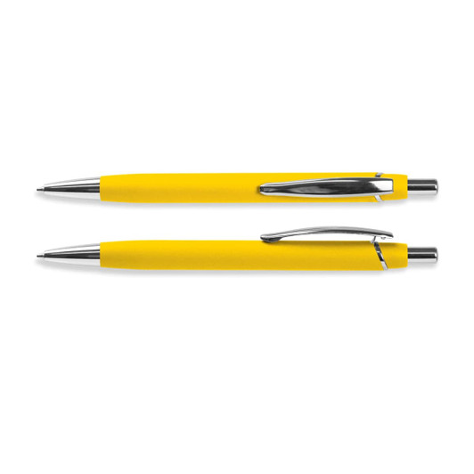 A yellow soft-touch pen with a chrome clip, featuring a smooth, sleek design. Two pens are displayed side by side.