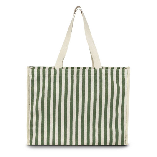 A green and white striped tote bag with sturdy handles and a plain design, featuring a logo on the side.