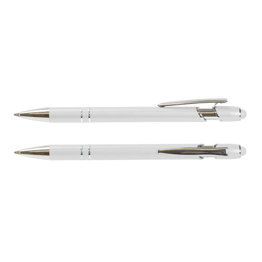 A set of white stylus pens with silver accents and clip details, featuring a sleek design.
