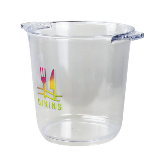 A clear plastic ice bucket with a handle, featuring a logo with cutlery and the word "DINING."