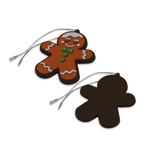 A PVC decoration shaped like a gingerbread man, featuring brown and orange colours, with a cheerful face and a white icing design.