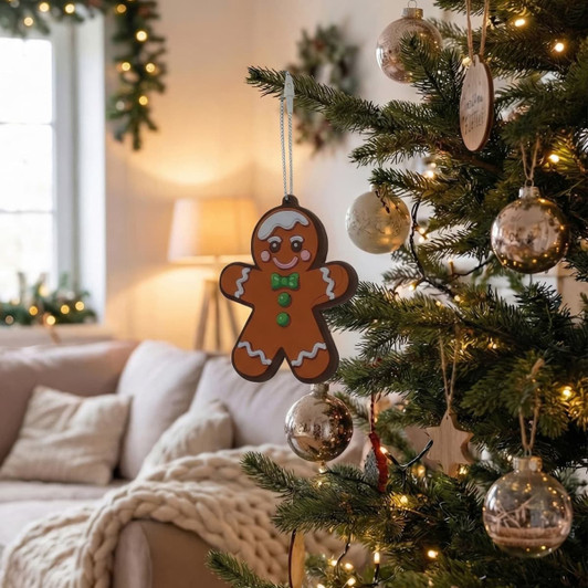 A gingerbread man decoration hangs from a Christmas tree, adorned with baubles and festive lights in a cozy living room.