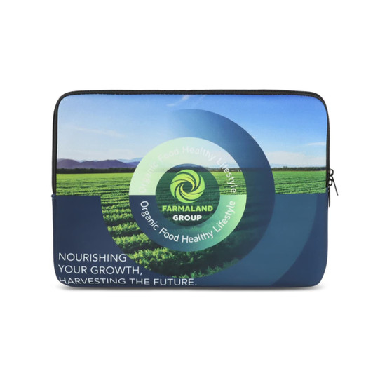A small laptop sleeve featuring a vibrant landscape design in green and blue, with a logo on the front.