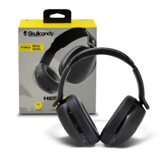 Black Skullcandy Hesh 360 headphones displayed next to their packaging. The box features a logo and handle for easy carrying.